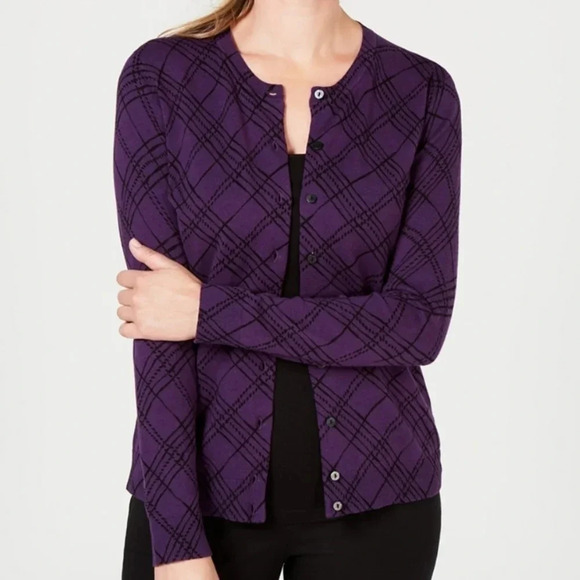 Karen Scott NWOT Women’s PP Button Up Purple & Black Cotton Blend Cardigan - Picture 1 of 6